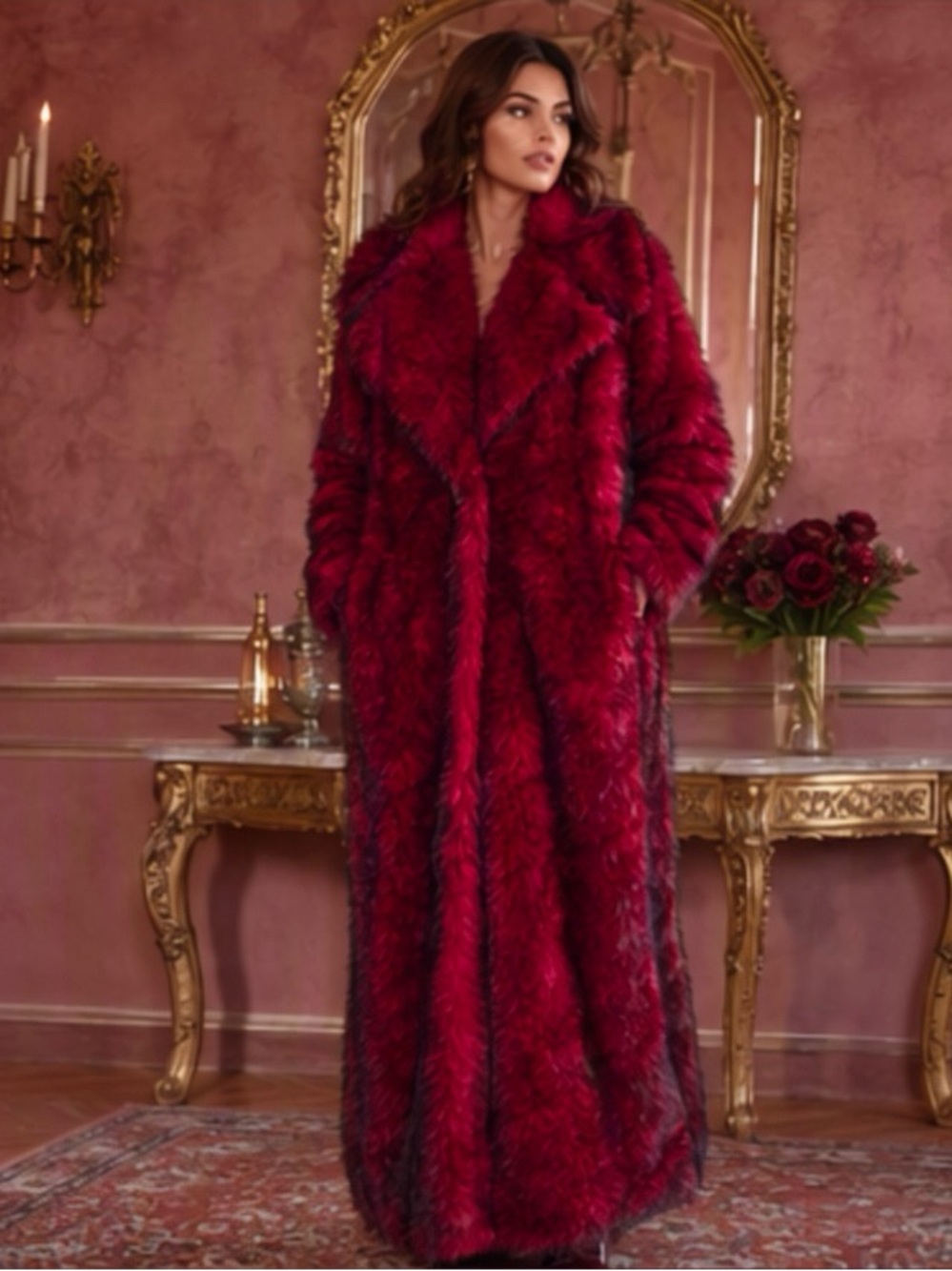 🎀🌷 Luxurious Red Gradient Faux Fur Long Coat 🌷🎀 NWT